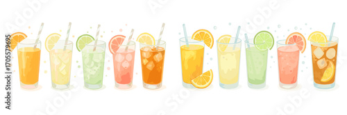 Refreshing citrus drinks with fruit garnishes and straws in clear glasses
