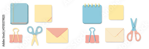 Pastel stationery assortment with notebooks, envelopes, scissors, and binder clips