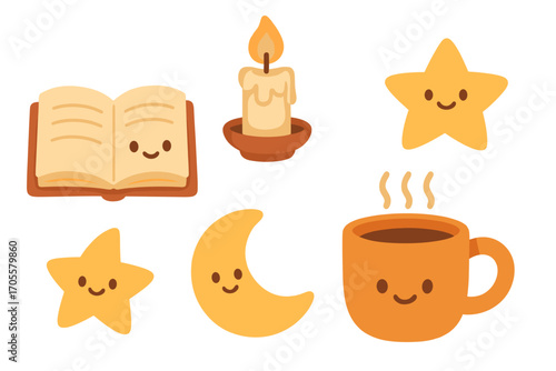 Kawaii celestial objects and cozy items with happy faces