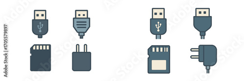 Digital storage and connection devices: USB, SD cards, power adapters