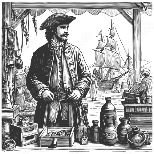colonial merchant at a busy harbor marketplace with sailing ships, trade goods, and travelers sketch engraving generative ai fictional character vector illustration. Scratch board. Black and white.