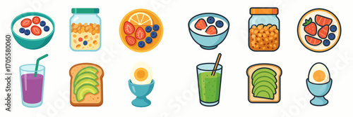 Variety of healthy breakfast food items featuring fresh fruits, cereals, smoothies, and avocado toast