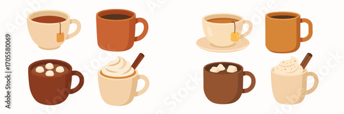 Assortment of hot drinks in different ceramic mugs and cups including tea coffee and hot chocolate with marshmallows and whipped cream