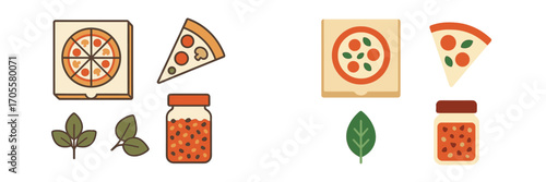 Set of various pizza slices with different toppings, a whole pizza in a delivery box, fresh basil leaves, and a jar of tomato sauce for Italian cuisine concepts