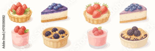 Assortment of sweet berry pastries and creamy desserts including strawberry tart, blueberry cheesecake, raspberry panna cotta, and blackberry crumble with fresh fruit toppings