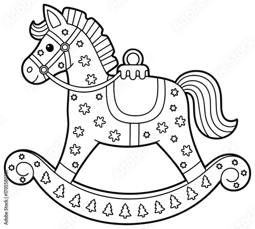 Rocking horse vector illustration of a Christmas ornament with decorative stars and trees drawn in clean black line art style for festive holiday decoration projects