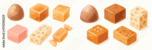 Delicious assortment of sweet confectionery candies, including caramel, nougat with nuts, and chocolate-covered treats, perfect for dessert themes and gourmet snacks