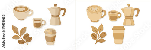 Set of contemporary coffee elements including cups, moka pot, and coffee beans with a layered paper cut design