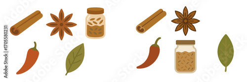 Assortment of aromatic cooking spices and herbs including cinnamon sticks, star anise, chili peppers, and bay leaves