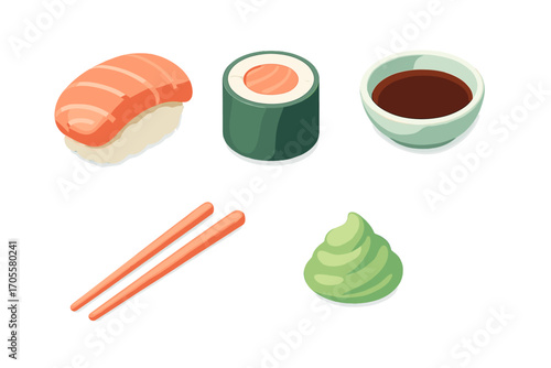 Traditional Japanese sushi meal elements including maki, nigiri, soy sauce, wasabi, and chopsticks