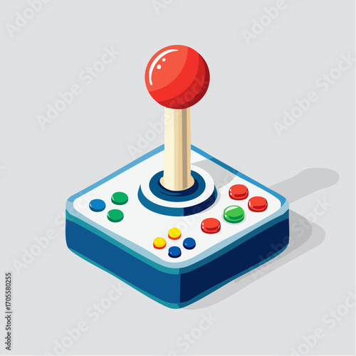 Isometric depiction of a classic retro game controller with vibrant button designs and details
