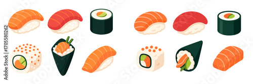Delicious assortment of traditional Japanese sushi and maki rolls featuring fresh salmon, tuna, and various vegetables