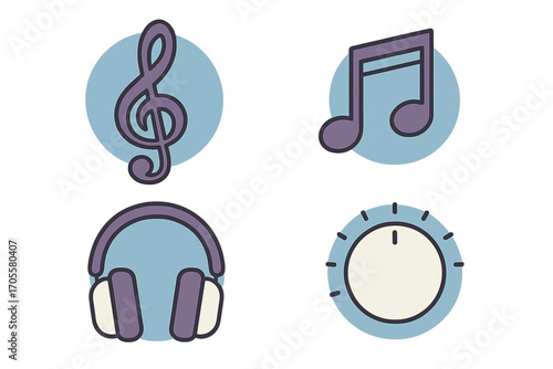 Music symbols and audio equipment icons with treble clef, musical note, headphones, and volume knob