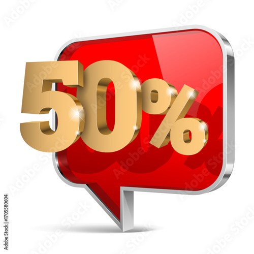 50 percent number tag or sign. Fifty number in gold 3d. Poster template for discount, sale discount, work progress. Vector illustration