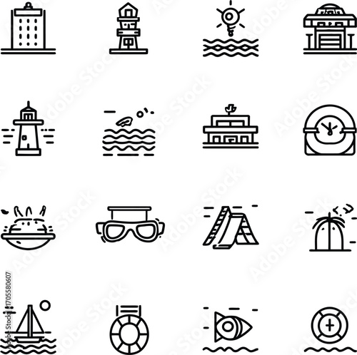 Grid of Sixteen Black and White Icons in 4x4 Layout Featuring Beach, Ocean, and Vacation Themes — Including Lifeguard Tower, Buoy, Lighthouse, Swimmer, Sailboat, Fish, Compass, Backpack, Goggles, 