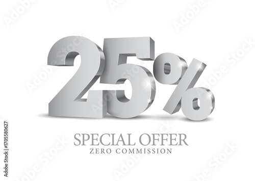 25 percent number in grey color. Twenty five number in silver 3d. Poster template for discount, fifty percent sale discount, work progress. Vector illustration
