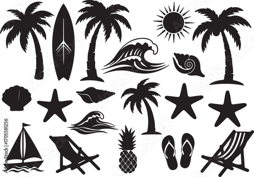 Silhouette Icons of Tropical Beach, Palm Trees, and Summer Elements