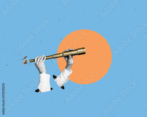 Flat design Illustration. Hands holds telescope or binoculars. Searching for information on the internet concept.