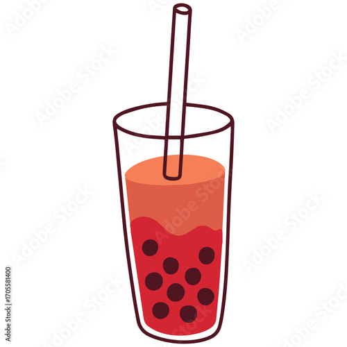 Minimalist cup of bubble tea with dark pearls and straw. Traditional Asian sweet drink illustration in simple design.