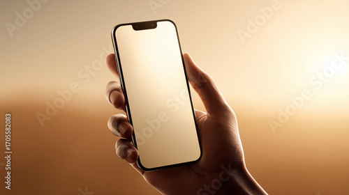 Hand holding smartphone with blank screen against golden sunset background