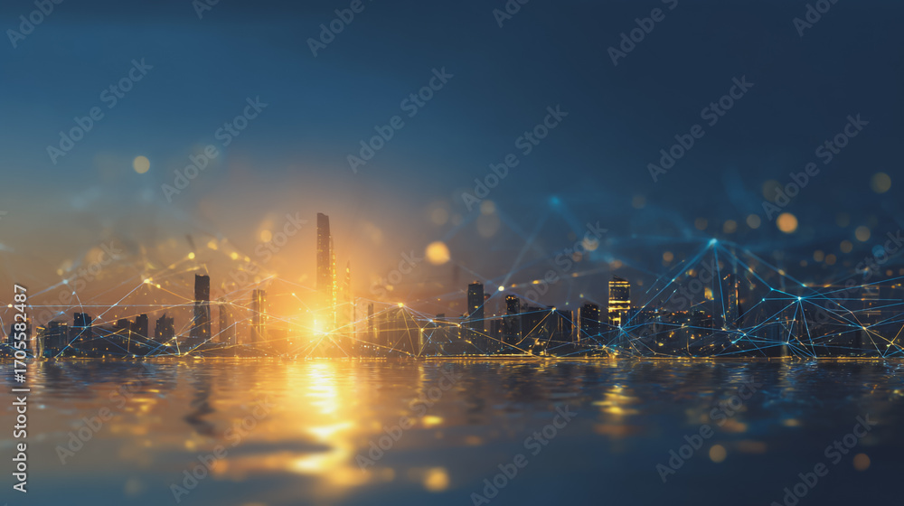 Fototapeta premium Sunshinea city of modern business and smart digital innovation with a network of interconnected rewards over the cityscape of the future smart wireless digital city and social media network