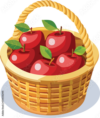 A wicker basket brimming with shiny red apples. An isolated vector illustration symbolizing a bountiful harvest, healthy eating, and the autumn season. Generative AI