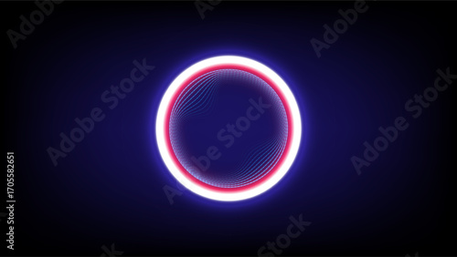 Abstract glowing neon circle with inner vibration wave pattern in red and blue tones on a dark background