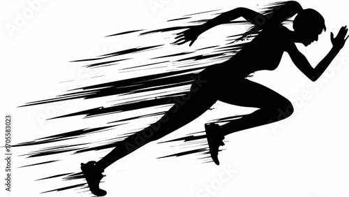Silhouette of a woman sprinting with motion lines indicating speed and forward movement rapidly in black