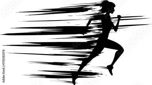Silhouette of a woman running with motion lines indicating speed and forward movement in black and white