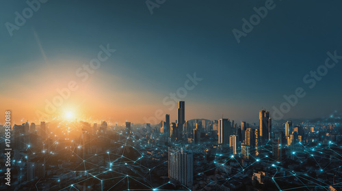 Wallpaper Mural Sunshinea city of modern business and smart digital innovation with a network of interconnected rewards over the cityscape of the future smart wireless digital city and social media network Torontodigital.ca