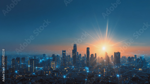 Sunshinea city of modern business and smart digital innovation with a network of interconnected rewards over the cityscape of the future smart wireless digital city and social media network