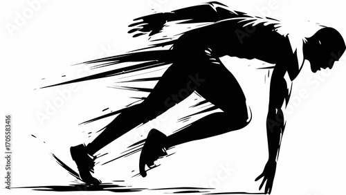 Silhouette of a sprinter starting a race with motion lines indicating speed and acceleration in black and white