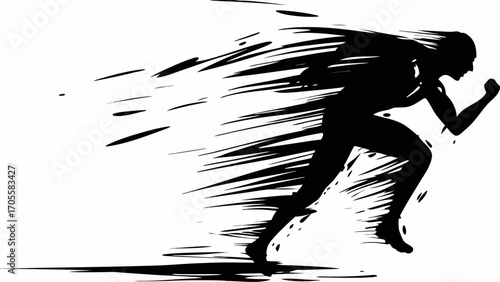 Silhouette of a runner in motion with speed lines depicting fast movement on a white background design