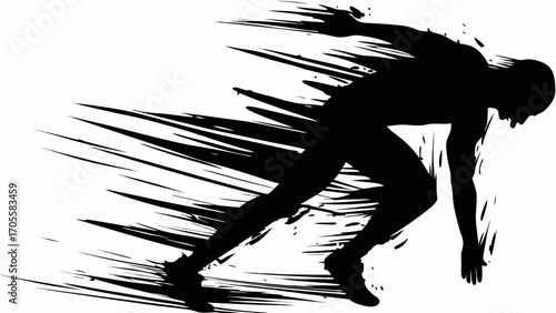 Silhouette of a runner in starting position with motion blur effect in black and white illustration