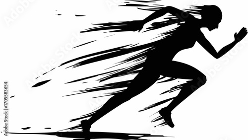 Silhouette of a female runner in motion with speed lines indicating fast movement and athleticism shown