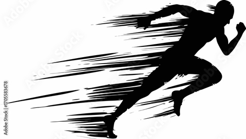 Silhouette of a runner in motion with speed lines creating a dynamic action effect in black and white