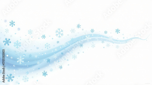 Cartoon illustration of a flowing wave of blue snowflakes on a white background. Winter banner holiday seasonal greeting cards and festive design elements