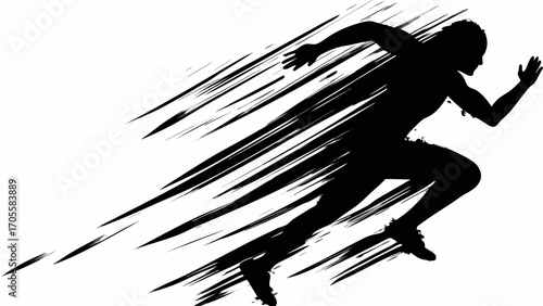 Silhouette of a runner in motion with dynamic brush strokes conveying speed and intense energy on white