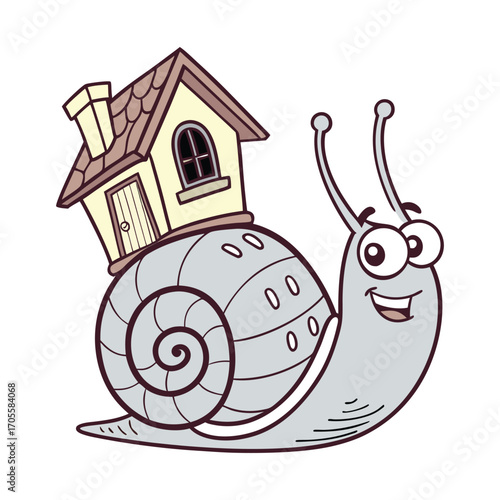 Charming cartoon snail carrying a house on its shell slowly moving forward