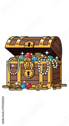 Treasure Chest Overflowing with Gold Coins and Jewels.