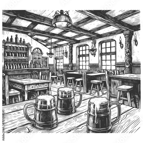 old tavern with wooden tables, stools, and frothy beer mugs, capturing a rustic and medieval pub atmosphere sketch engraving generative ai vector illustration. Scratch board. Black and white image.