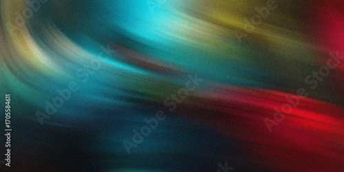 Abstract swirling waves of vibrant teal, yellow, and red hues create a dynamic and energetic visual flow with a textured, grainy effect