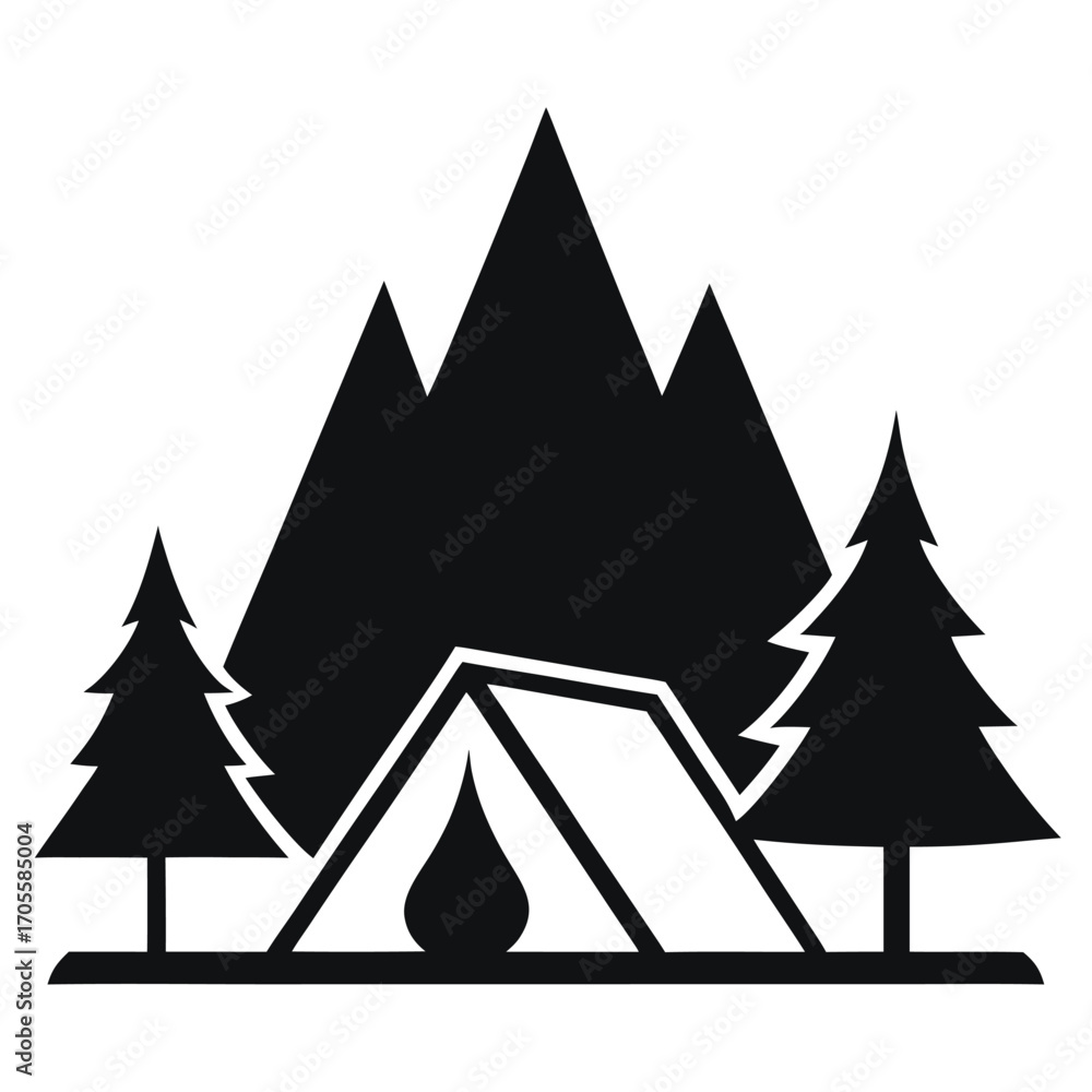 Obraz premium Black Silhouette Icon of a Tent with Mountains and Pine Trees for Camping peak