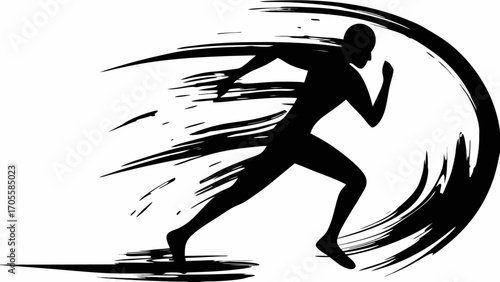 Silhouette of a runner in motion with speed lines emphasizing movement and forward momentum in black and white