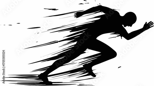 Silhouette of a runner in motion with speed lines conveying dynamism and forward momentum on white background