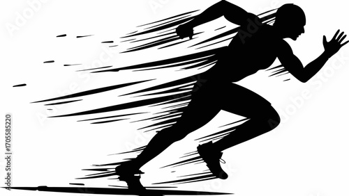 Silhouette of a runner in motion with speed lines indicating fast movement and dynamic energy shown