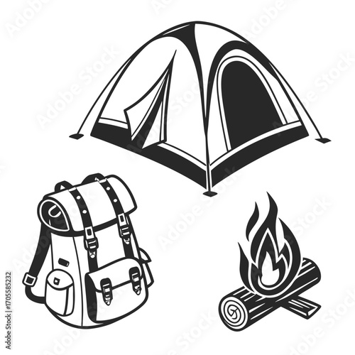 Black Silhouette Icons of Camping Tent Backpack and Campfire vector illustration