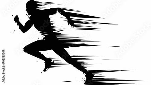 Silhouette of a runner in motion with speed lines showing movement and energy in a dynamic black and white image