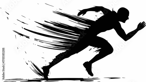 Silhouette of a runner in motion with speed lines showing movement and energy in a black and white image