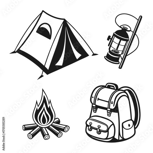 Black Silhouette Icons of Camping Tent Lantern Campfire and Backpack vector illustration